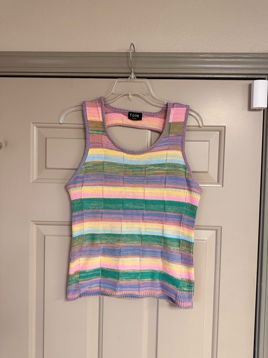 Fate Tops - Fate Women’s Size Medium Pastel Multistripe Cutout Back Design Ribbed Tank Top